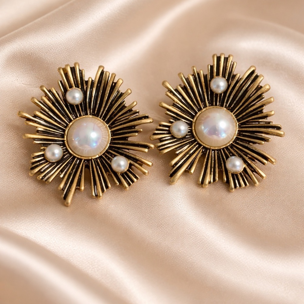 Vintage Gold Pearl Sunburst Earrings
